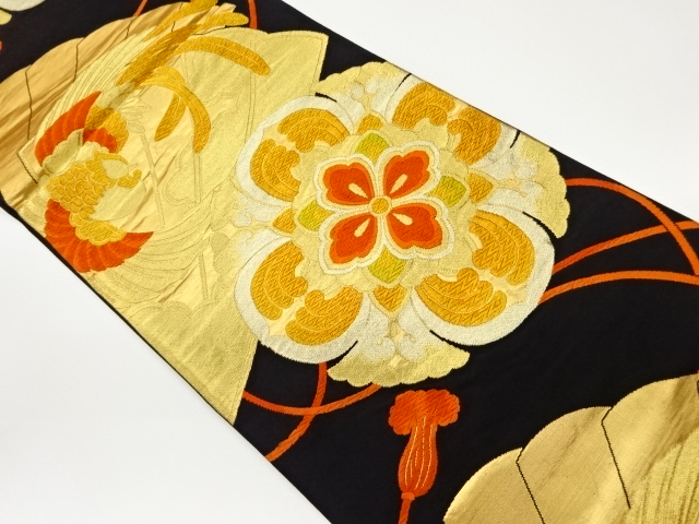 リサイクル　檜扇に華紋・鳳凰模様織出し袋帯